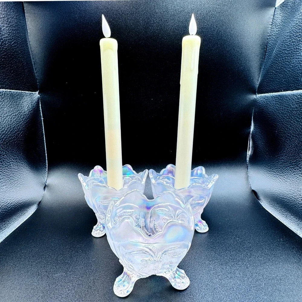 Imperial Iridescent White Carnival Glass Vtg. Floral Candle Console Set 3 Footed
